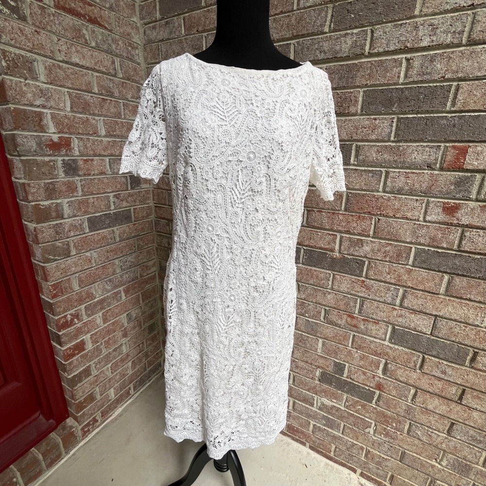 Ralph Lauren Lace Sheath‎ Dress White Floral Embroidered Lined Short Sleeve